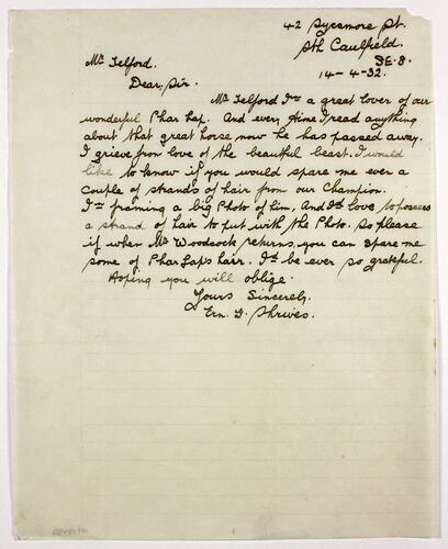Letter - Shrives to Telford, Phar Lap's Death, 14 Apr 1932