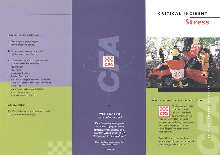 Pamphlet - 'Critical Incident Stress', Country Fire Authority, Oct 1996