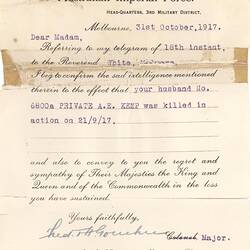 Letter - Australian Imperial Force Headquarters, Confirmation of Death, 31 Oct 1917