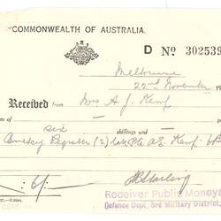 Receipt - Cemetery Register, Commonwealth of Australia, 22 Nov 1928