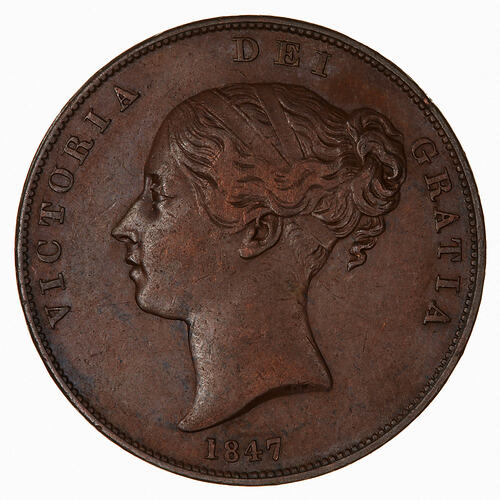 Coin - Penny, Queen Victoria, Great Britain, 1847 (Obverse)
