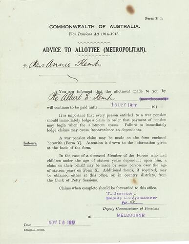 Notice - Advice Regarding Payments to Deceased Soldier, 1917