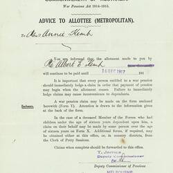 Notice - Deputy Commissioner of Pensions to Mrs Annie Kemp, Advice Regarding Payments to Deceased Soldier, 1917