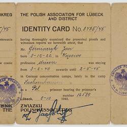 Identity Card - Issued to Jan Gorniaczyk, Polish Association for Lubeck & District, 2 Oct 1945