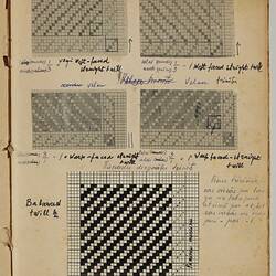 White sheet with five black weaving patterns on square grid.