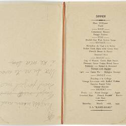 Menu - SS Kamo Maru, NYK Line, Dinner, 18 Mar 1939