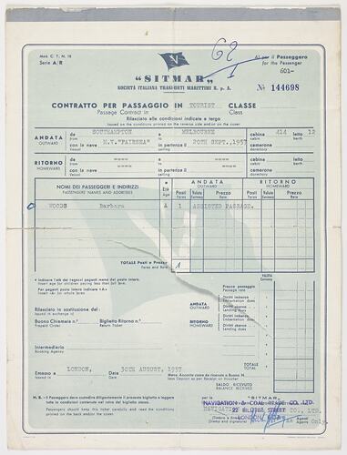 Passenger Ticket - MV Fairsea, Sitmar Lines, issued to Barbara Woods, 1957