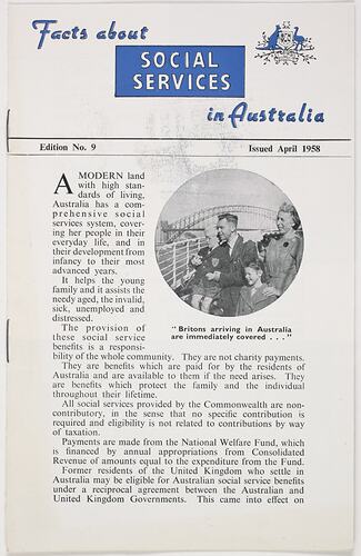 Booklet - Department of Immigration, 'Facts About Social Services in Australia', April 1958, Front Cover