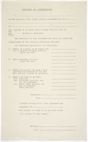 Leaflet - Department of Immigration, Guarantee of Accommodation, circa 1949