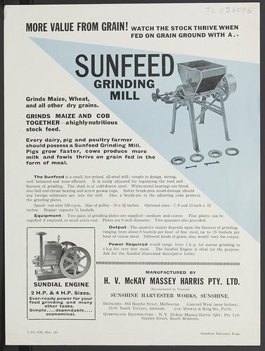 Publicity Flyer - H.V. McKay Massey Harris, Sunfeed, Grinding Mill, 1940