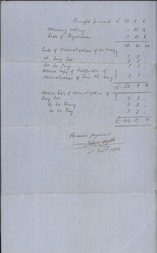 Statement of Costs - Legal Fees for Land Purchases & Naturalisation, Lam Ah Ning & Co., 1862