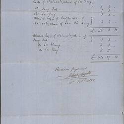 Statement of Costs - Legal Fees for Land Purchases & Naturalisation, Lam Ah Ning & Co., 1862