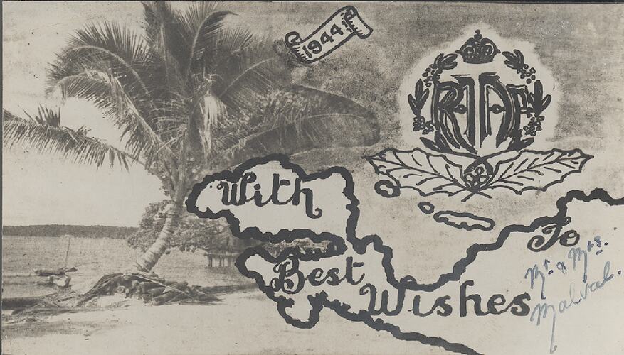 Card with beach and palm tree on right and text on right.
