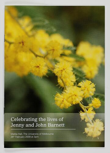 Program - Memorial Service, 'Celebrating the Lives of Jenny and John Barnett', Melbourne, 26 Feb 2009