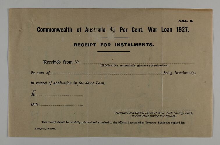 Receipt - Instalments, 'Commonwealth of Australia 4 ½ per Cent War Loan', State Savings Bank, 1927