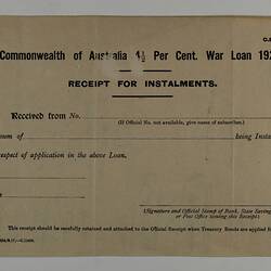 Receipt - Instalments, 'Commonwealth of Australia 4 ½ per Cent War Loan', State Savings Bank, 1927