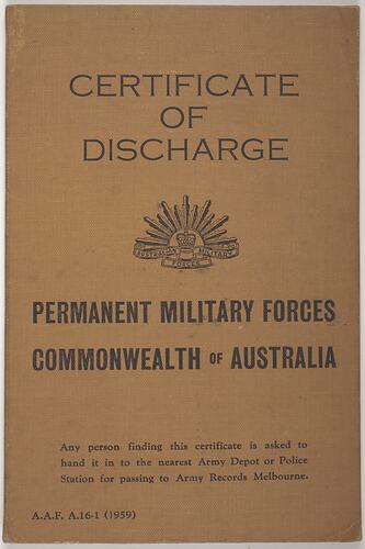 Certificate of Discharge - Issued to Leo Hasegawa,  Australian Armed Forces