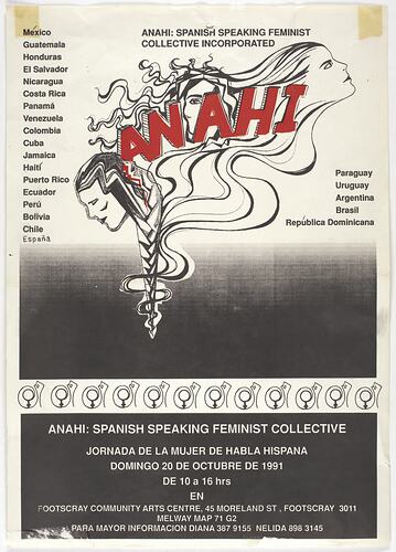 Poster, black and white with red word "Anaha". International Women's Day-Spanish 1991