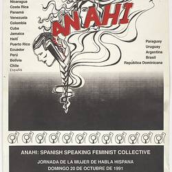 Poster, black and white with red word "Anaha". International Women's Day-Spanish 1991