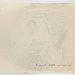 Open book page, with tracing paper above faint outlines of drawing of a man below.