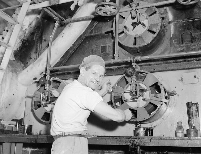 Laminex Pty Ltd, Worker in a Factory, Cheltenham, Victoria, Feb 1954