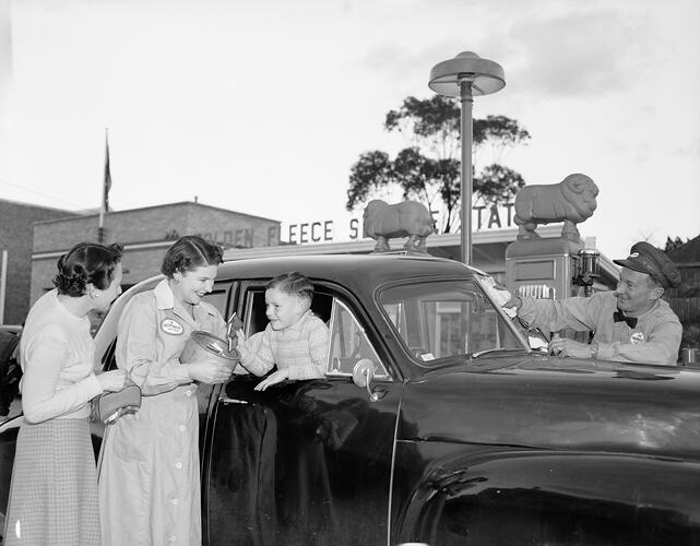 Negative - HC Sleigh Ltd, Employees Next to Motor Car, Golden Fleece Service Station, Balwyn, Victoria, May 1954