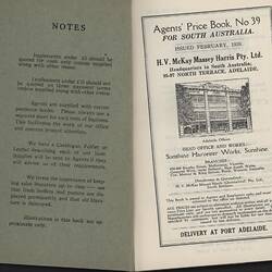 Open booklet with blue cover on left and white page on right. Both have black printing. Right side has factory