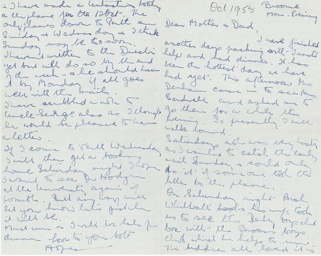 Letter - From Hope Macpherson to Parents while in Broome Packing the Bardwell Collection, WA, Oct 1955