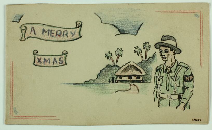 Christmas Card - Drawing of Soldier, From Mr. & Mrs. I. J Bosel & Son, circa 1943 - 1945