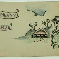 Christmas Card - Drawing of Soldier, From Mr & Mrs I. J Bosel & Son, circa 1943-1945