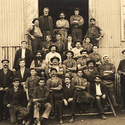 [Workers at the Long Tunnel Mine, Walhalla, about 1912.]