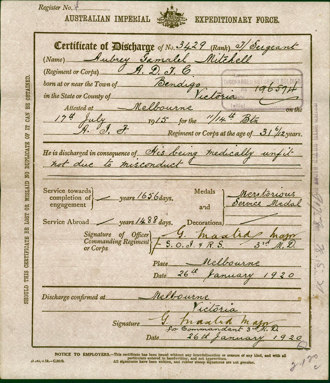 Certificate of Discharge - Issued to A.G. Mitchell, Australian Imperial ...