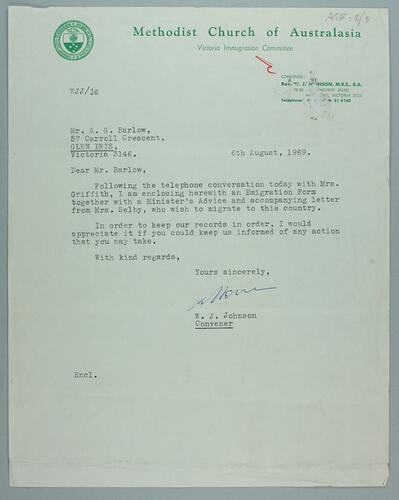 Letter - To Mr A Barlow from Methodist Church of Australasia, Hawthorn,  6 Aug 1969