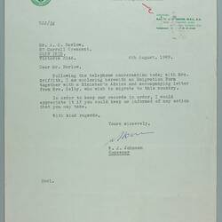 Letter - To Mr A Barlow from Methodist Church of Australasia, Hawthorn, Victoria, 6 Aug 1969