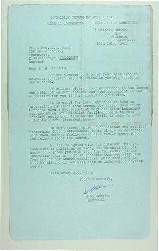 Aerogramme - To Mr & Mrs Ward from Methodist Church Immigration Committee, Kew, Victoria, 13 Jul 1961
