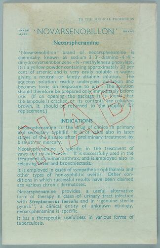 Leafet - Drug, Novarsenobillon (Neoarsphenamine), May & Baker, 1945