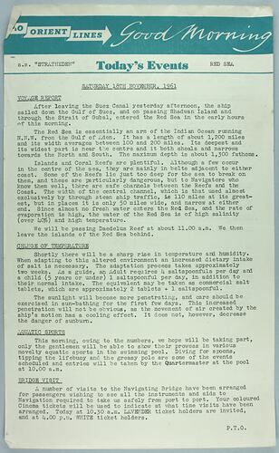 Information Sheet - P&O SS Stratheden, 'Today's Events', Red Sea, 18 Nov 1961