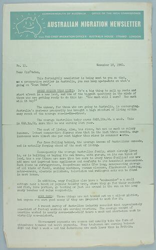 Newsletter - 'Australian Migration Newsletter', 18 Nov 1960