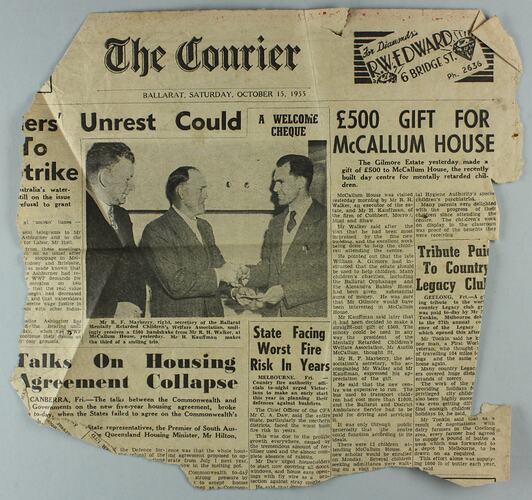 News clipping - McCallum House Donation, 'The Courier', Ballarat, 15 Oct 1955