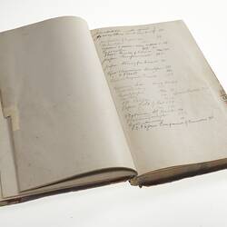 Open book. The left page is blank, the right side has handwritten cursive text in ink.