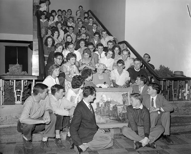 Hawthorn Town Hall, Group Sitting on Stairs, Victoria, 02 Apr 1959