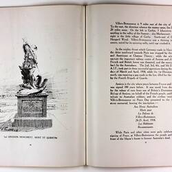 Open book page with illustration of statue of soldier holding gun on right page and printed text on left page.