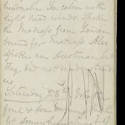 Open diary with handwritten text on discoloured worn page.