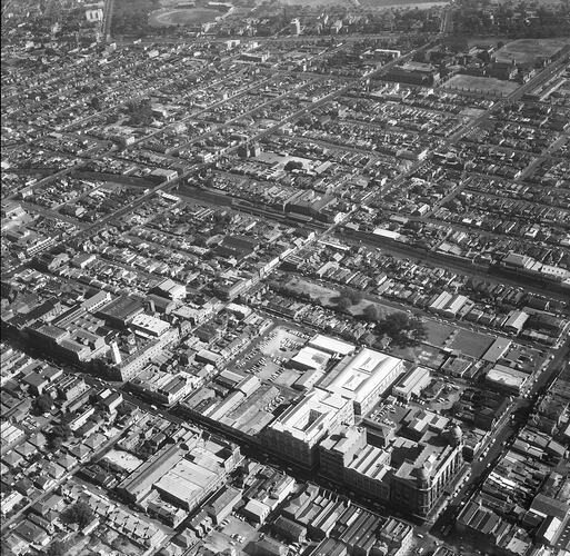 Monochrome aerial photograph of Prahan.