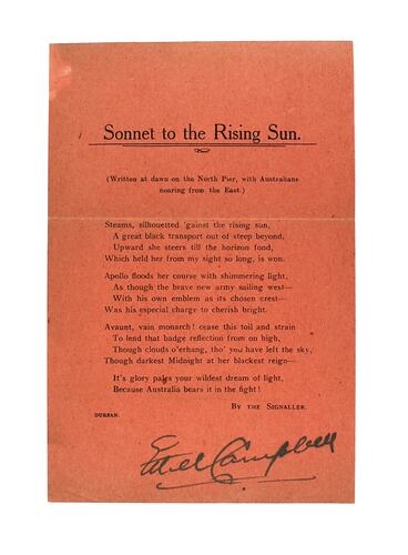 Single page with printed text on coarse orange stock, darkened on edges and centre fold, signature on bottom.
