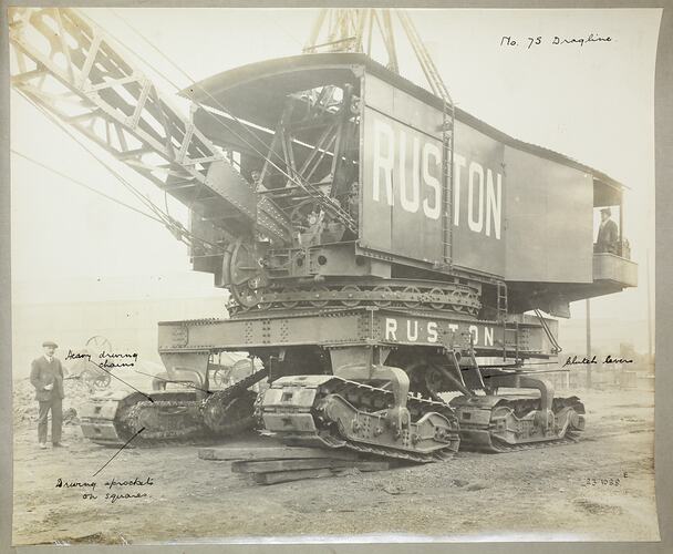 Monochrome photograph of a dragline excavator.