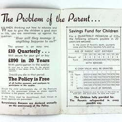 Pamphlet, open, with black text on white paper