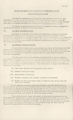 Information Sheet - British Assisted Passage Scheme, John & Barbara Woods, Department of Immigration, Australia, 1957