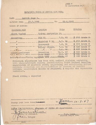 Employee Record - Esma Banner, United Nations Relief and Rehabilitation Administration, Germany, 10 May 1947