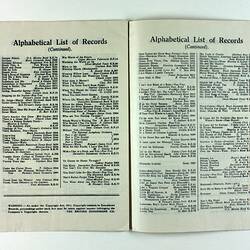 Inside pages of catalogue showing list of records
